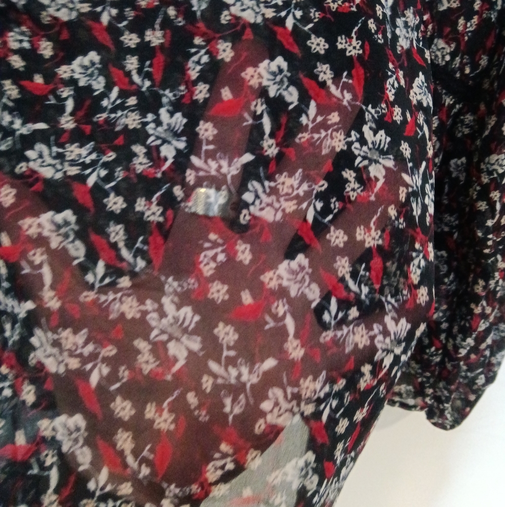 Zara Sheer Bohemian Floral Black Red White Lace Detail Flowy Peasant Top Sz S - Picture 4 of 8